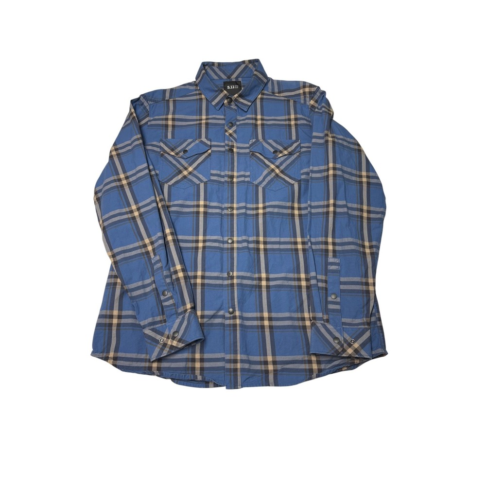 5.11 Tactical Mens Blue‎ Plaid Long Sleeve Snap Button Down Shirt L 100% Cotton